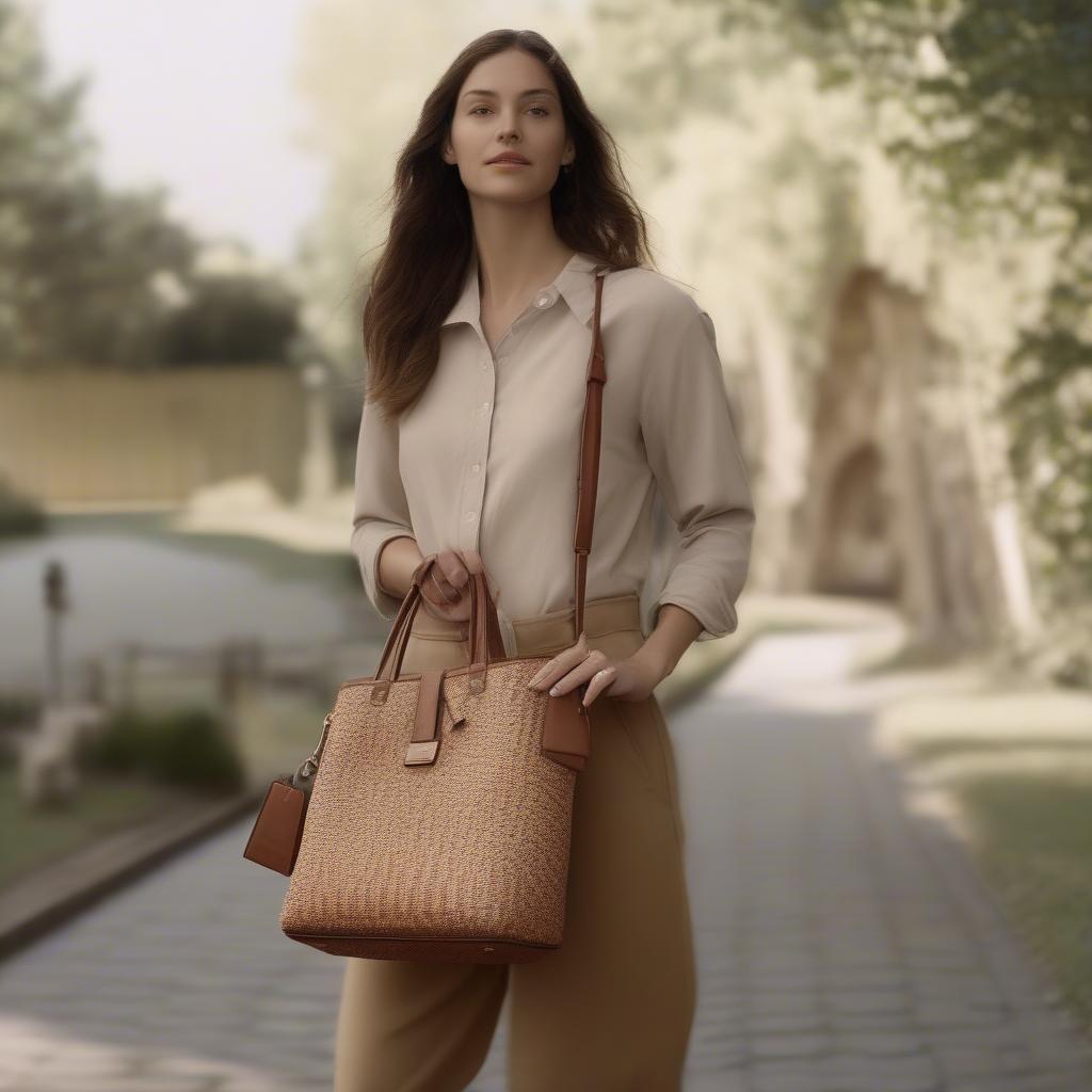 A woman stylishly carrying a Coach woven bag, showcasing how it complements her outfit.