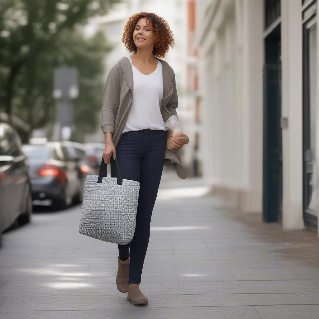 Woman carrying a crosshatched non-woven tote bag