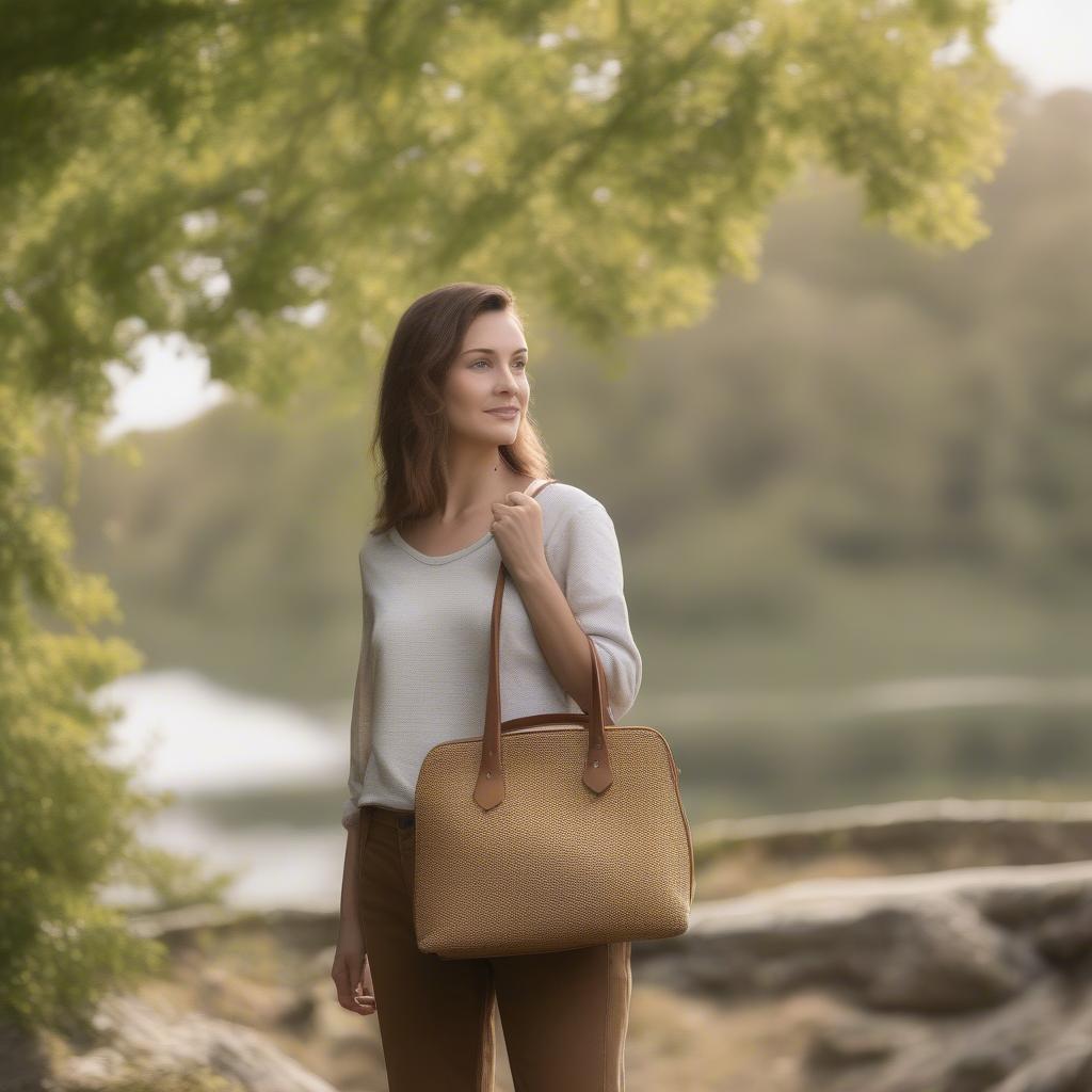 A woman carrying a destiny basket weave satchel while walking outdoors