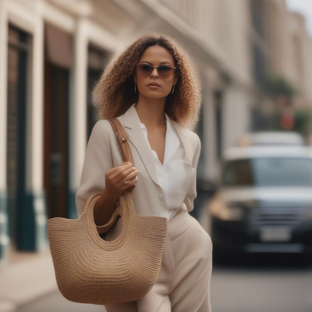 A woman walking down a city street carrying a dolce woven straw bag, showcasing its versatility.