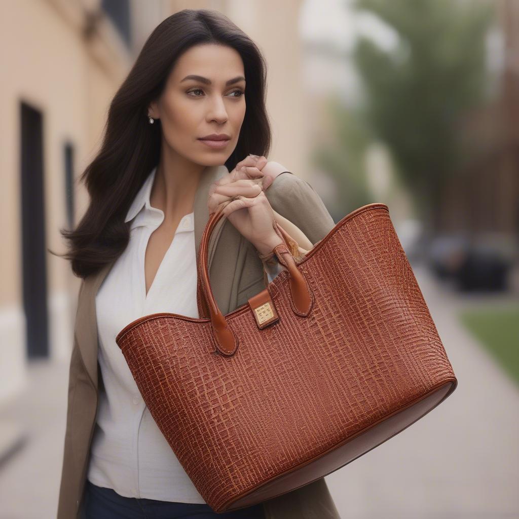 Woman Carrying a Dooney and Bourke Basket Weave Tote