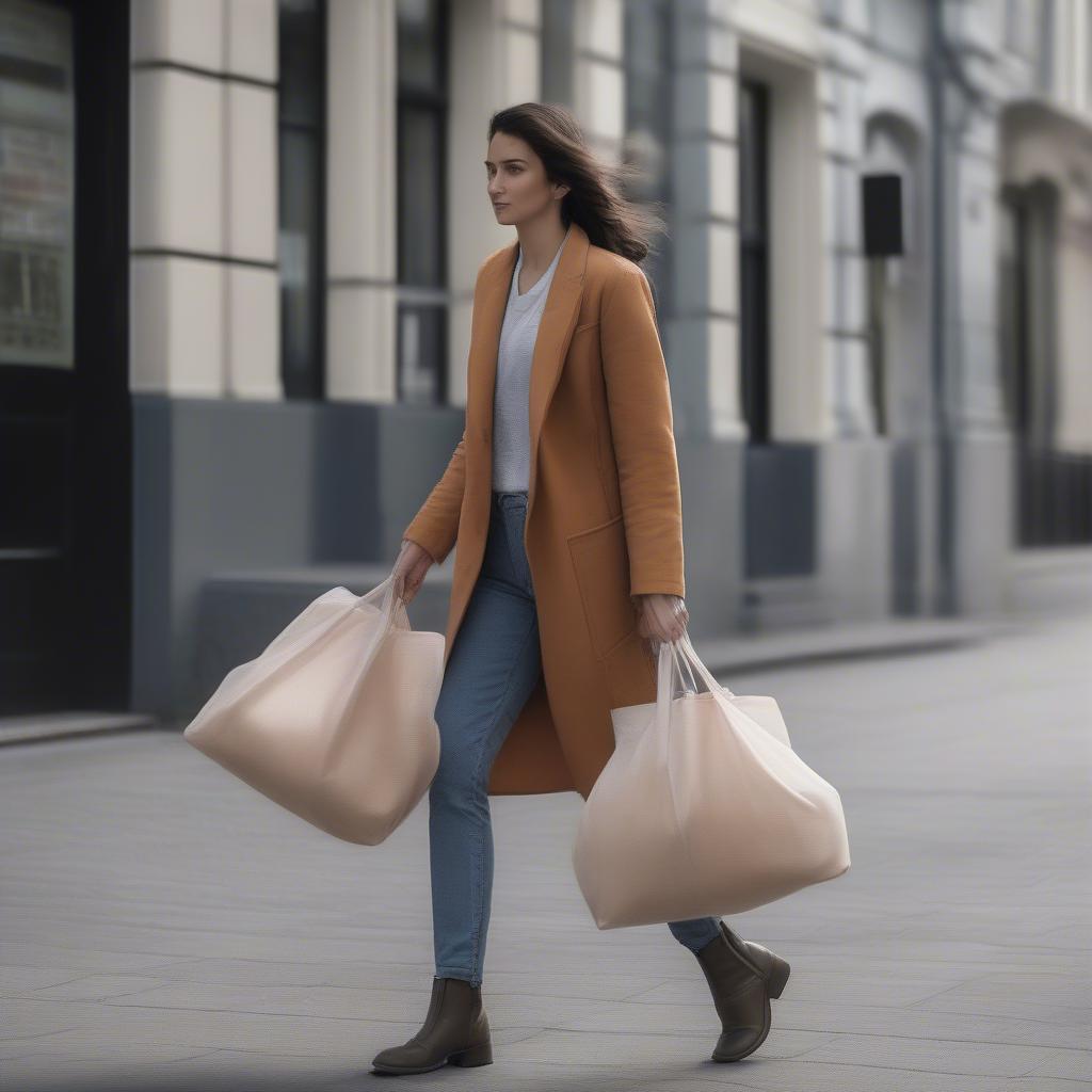 A woman carries a stylish, eco-friendly, non-woven tote bag.