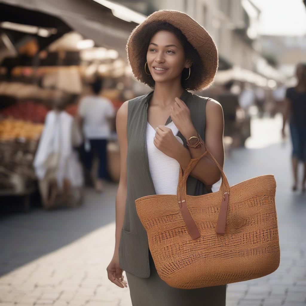 A woman carrying an ella basket-weave tote bag while strolling through a market.