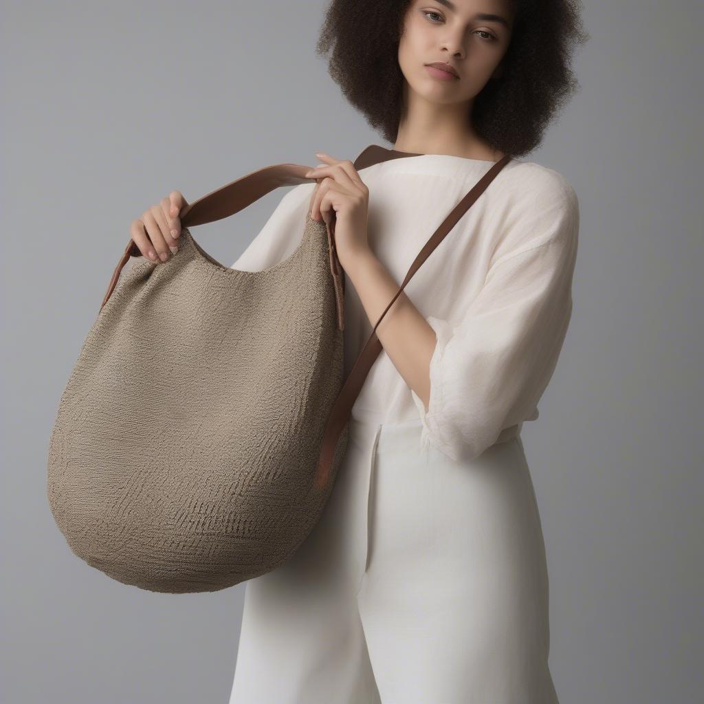 Woman Styling a Fabric Woven Shoulder Bag