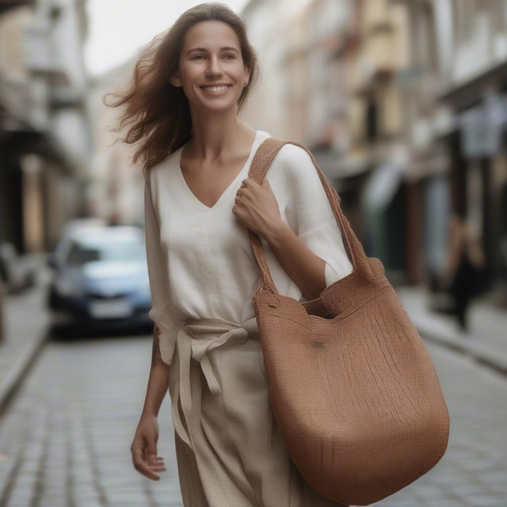 A woman stylishly carrying a fair trade woven bag.