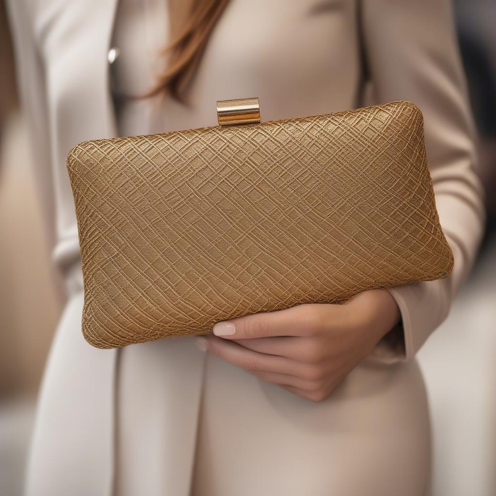 A woman carrying a gold basket weave clutch at a social event