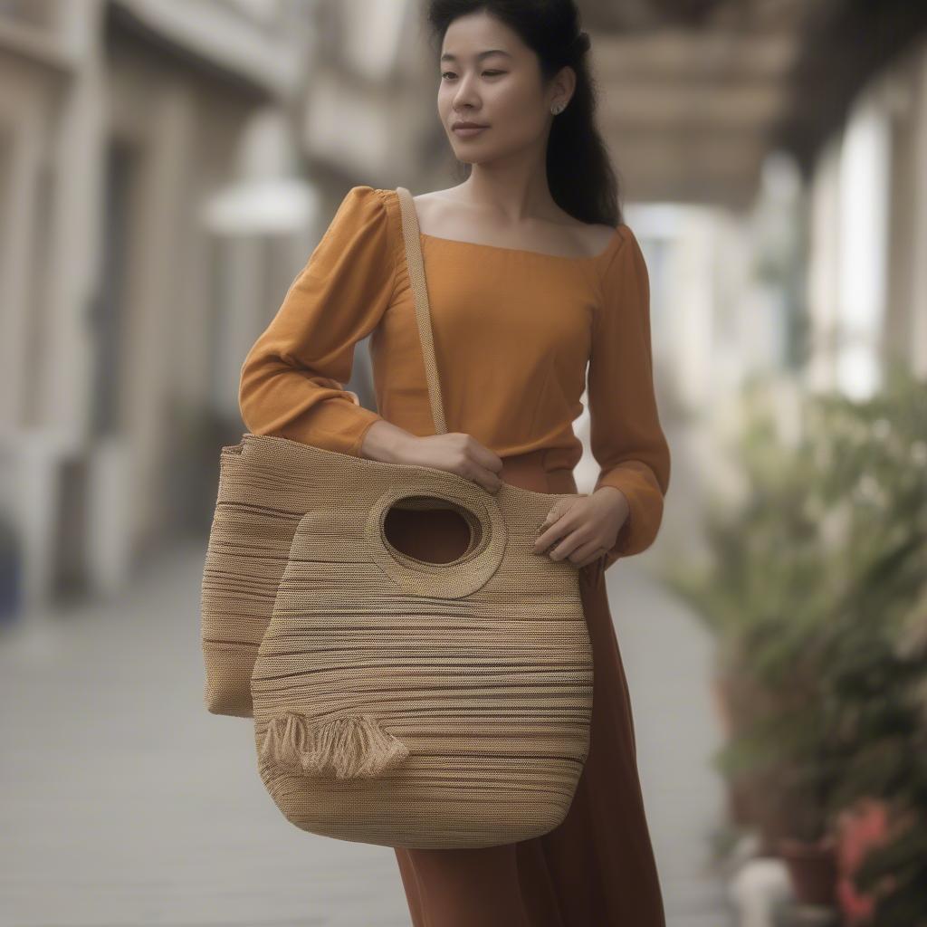 A woman stylishly carries a handwoven shoulder bag, demonstrating its versatility and everyday use.