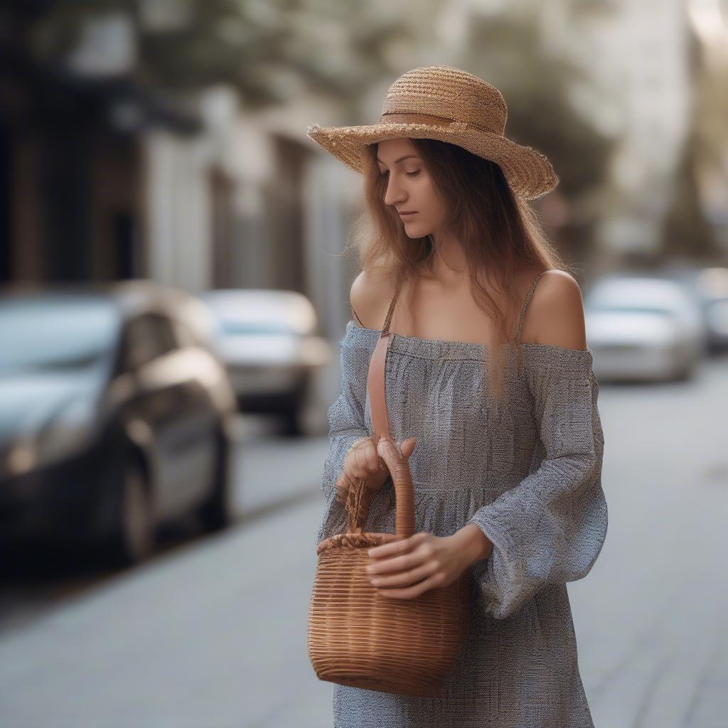 A woman stylishly carrying a jean weaved basket purse.