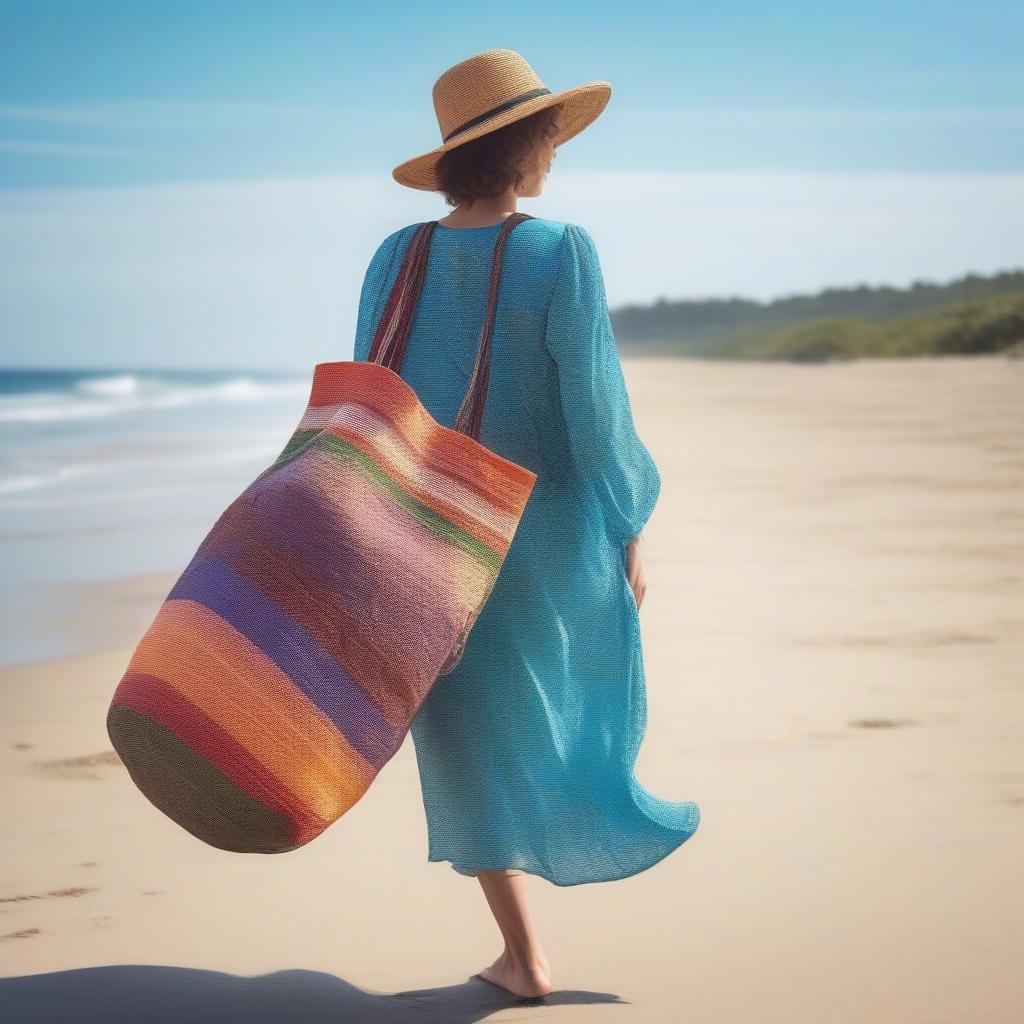 Woman Carrying a Jumbo Woven Bag on the Beach