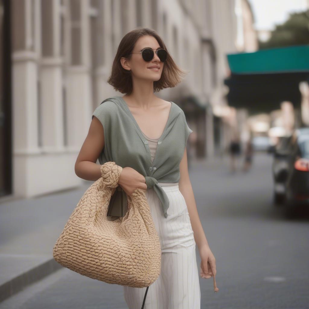 Woman carrying a large woven knot bag in a city setting