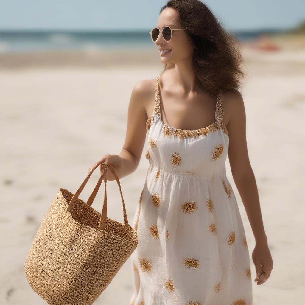 A woman carrying a Le Panier Soleil woven straw tote bag while walking on the beach.