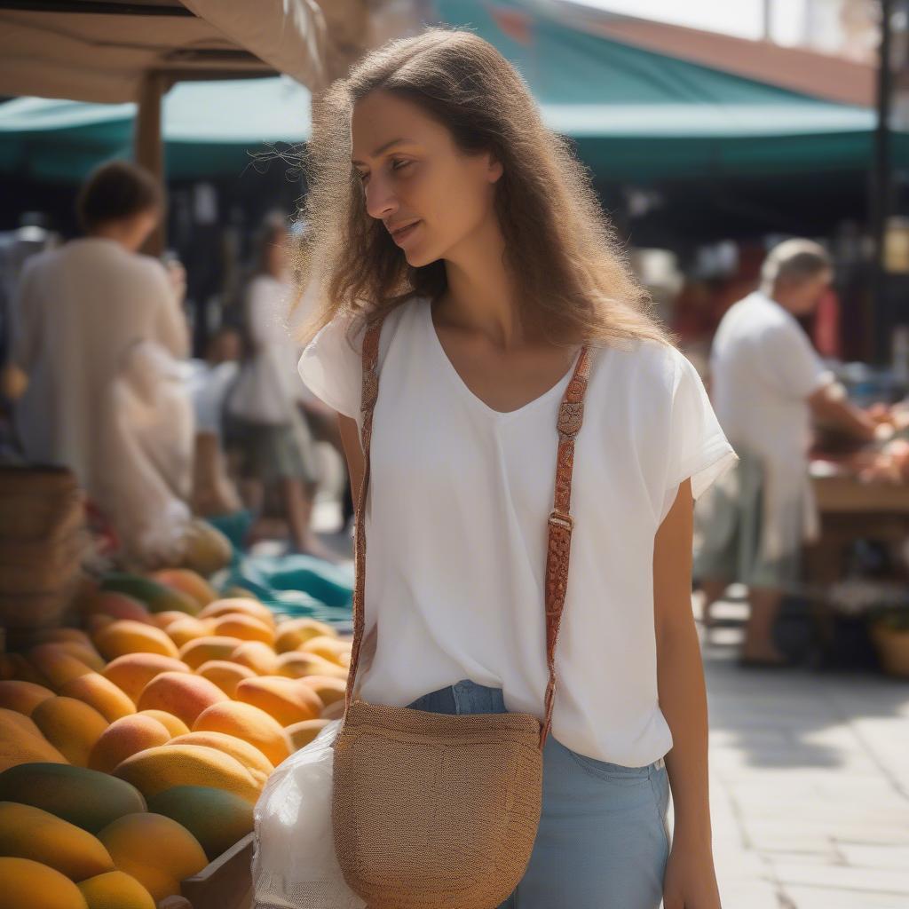 A woman carrying a mango cross body bag with a woven strap while browsing an outdoor market.