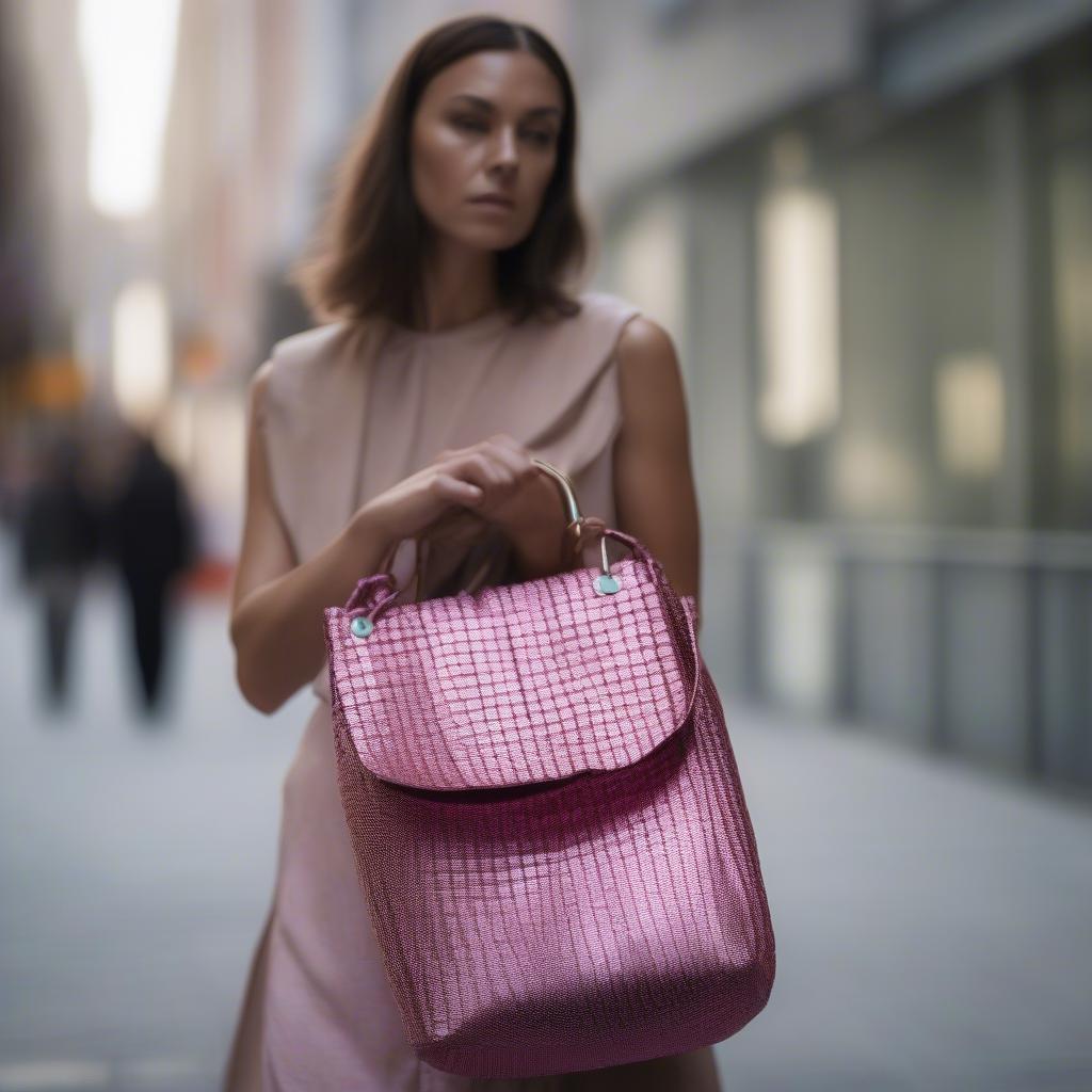 A woman stylishly carries a metallic pink woven clutch bag.