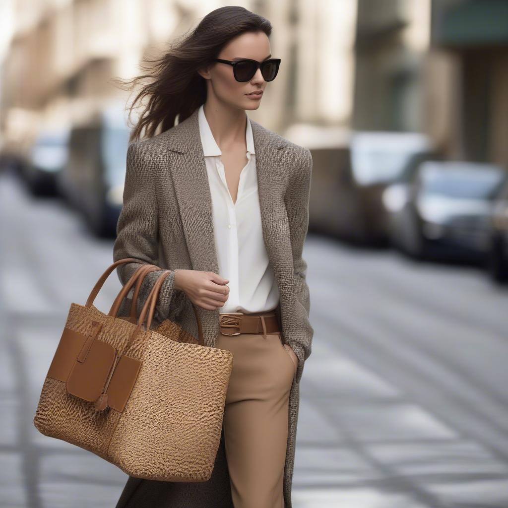 Woman carrying a Michael Kors woven market bag