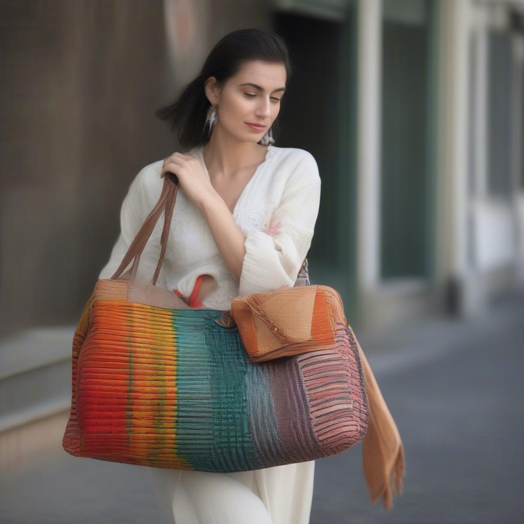 Woman Carrying a Multi-Color Handwoven Bag