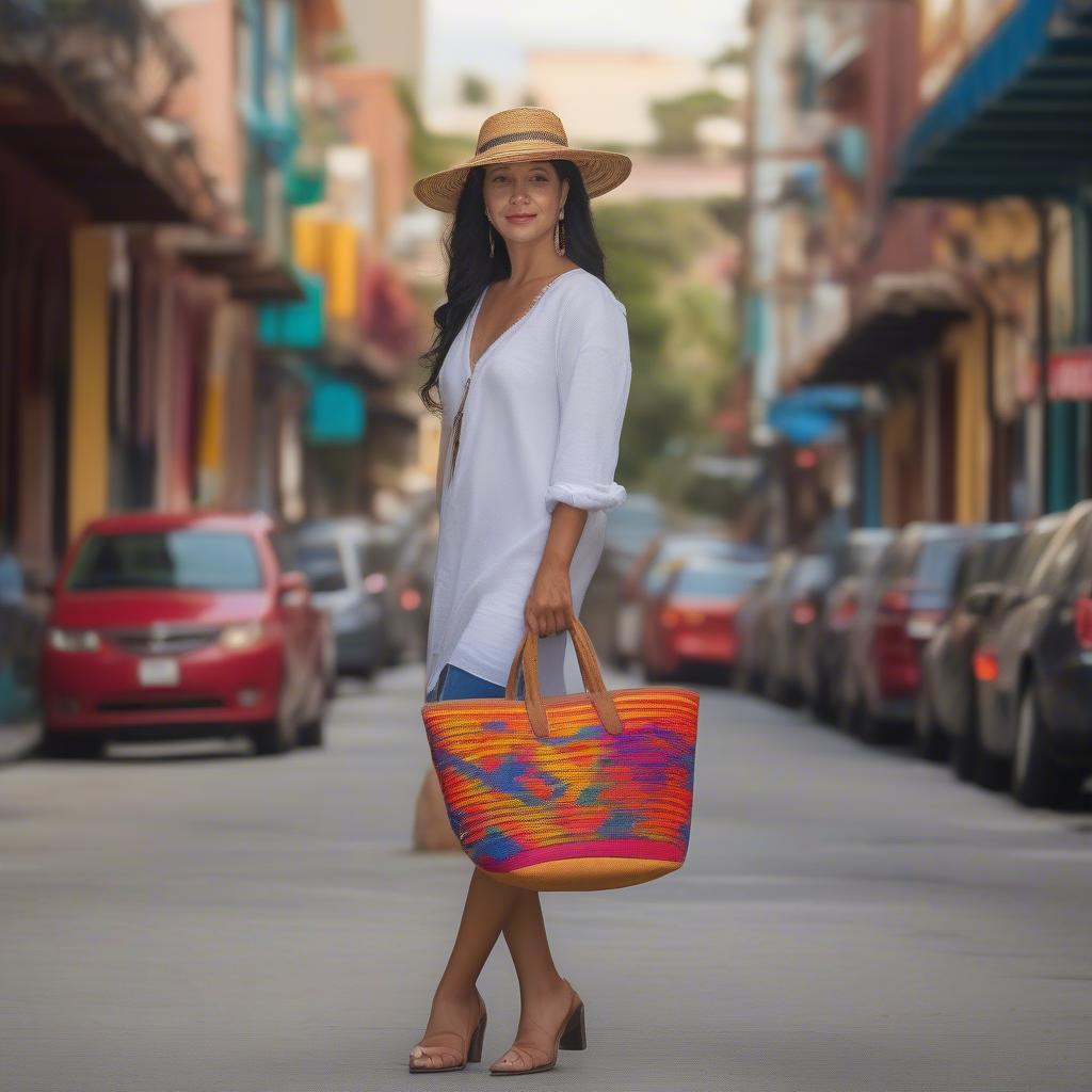 A woman carrying an Oaxacan woven tote bag while walking down a city street.