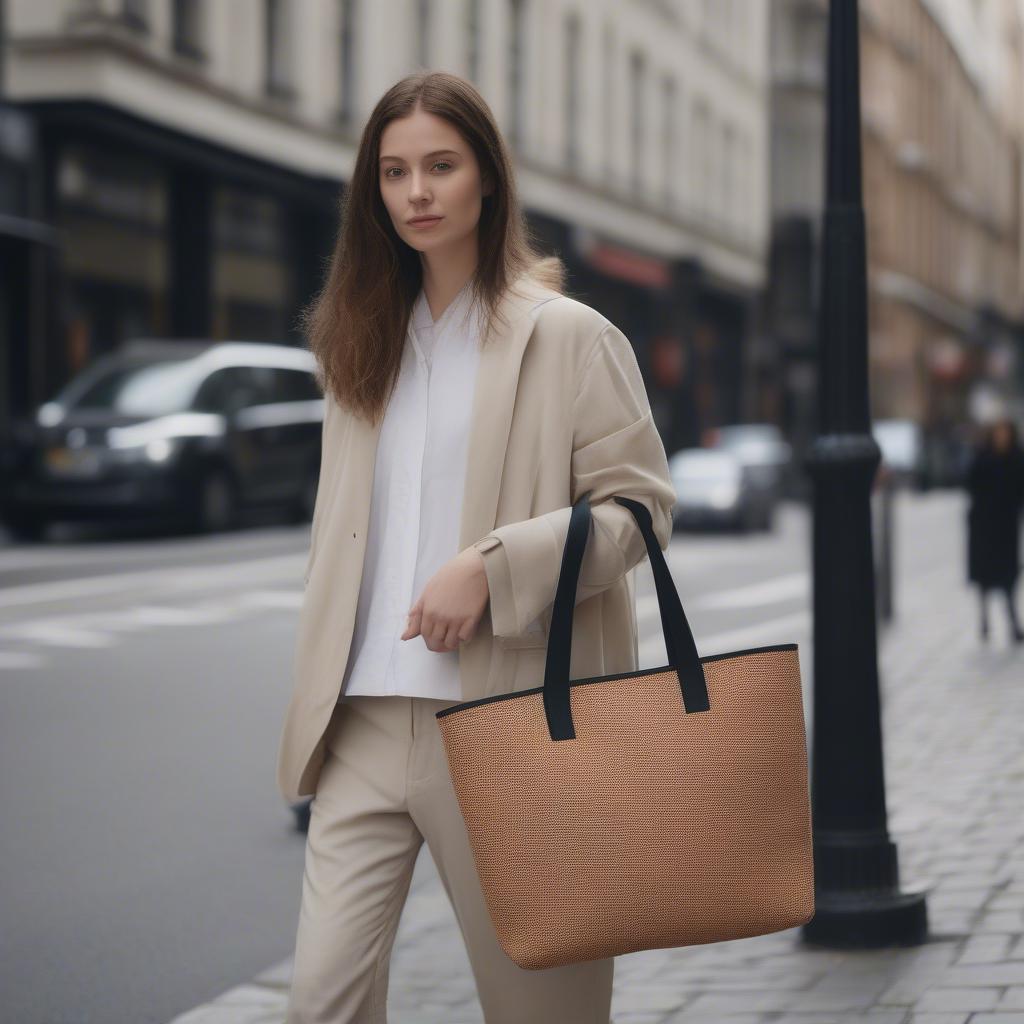 A woman carrying a Pallmer large woven icon tote bag on her shoulder.