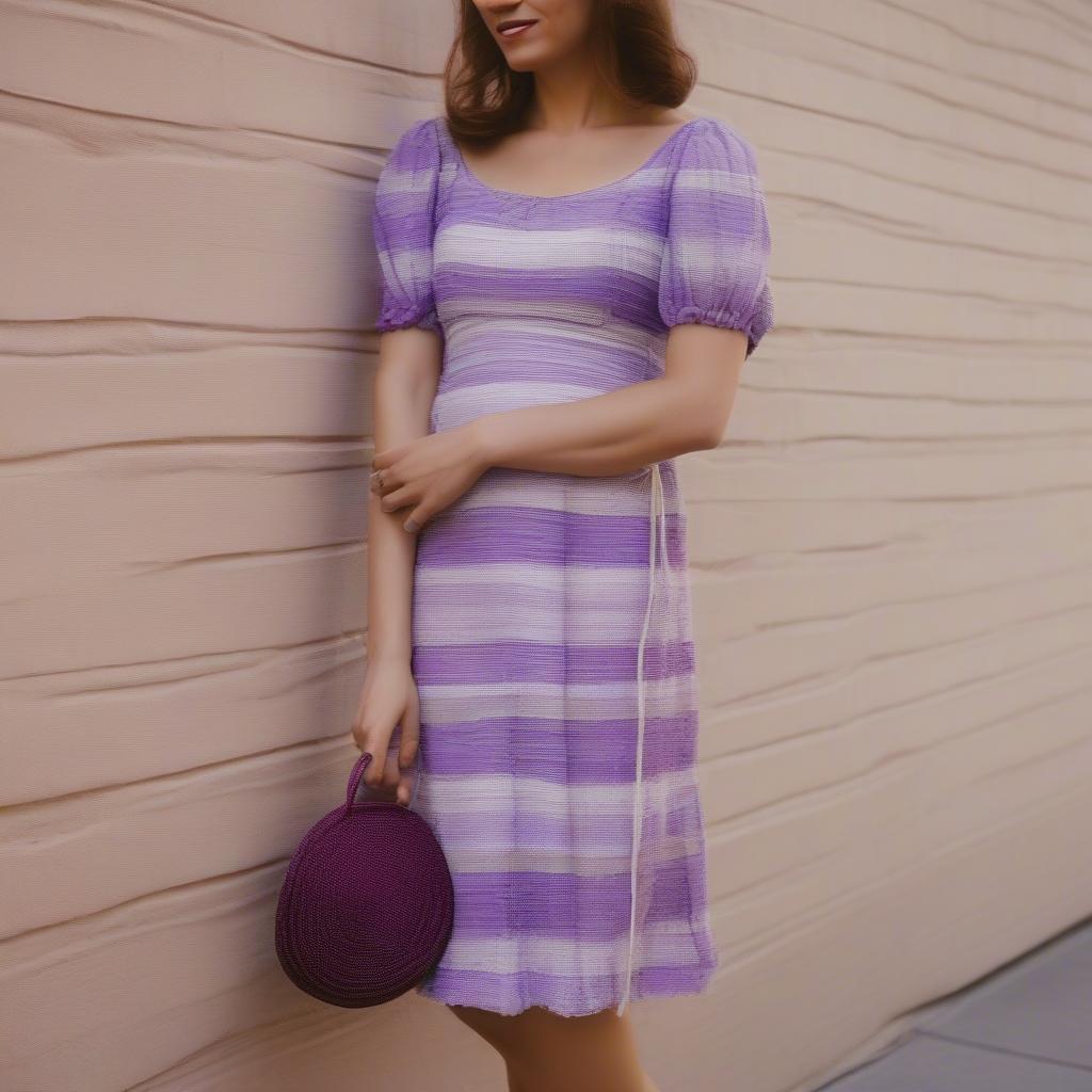 A woman stylishly carrying a purple straw woven clutch bag