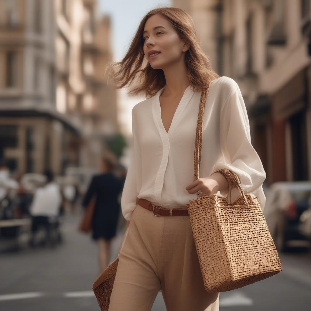 Woman carrying a rattan weave shoulder bag, showcasing street style and its versatility as a fashion accessory.