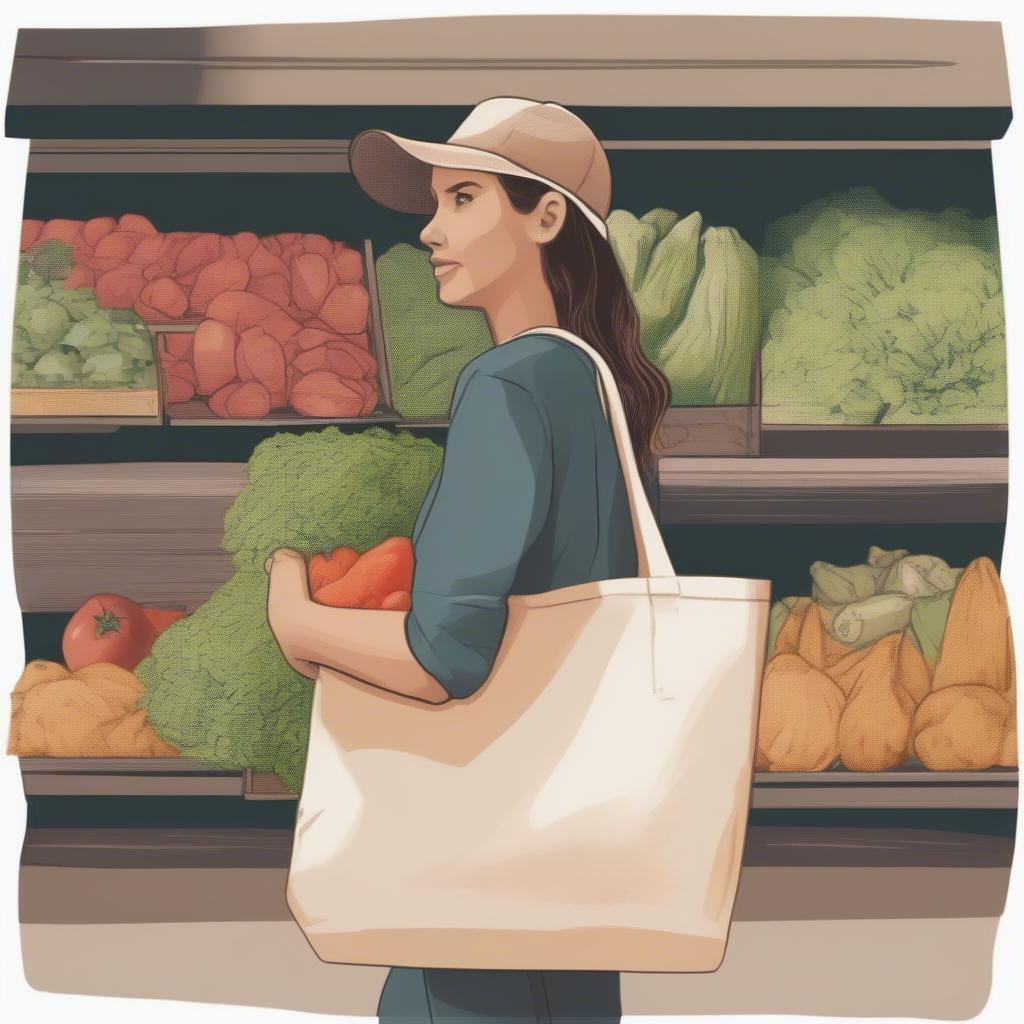 A woman carrying a recycled non-woven tote bag while shopping.