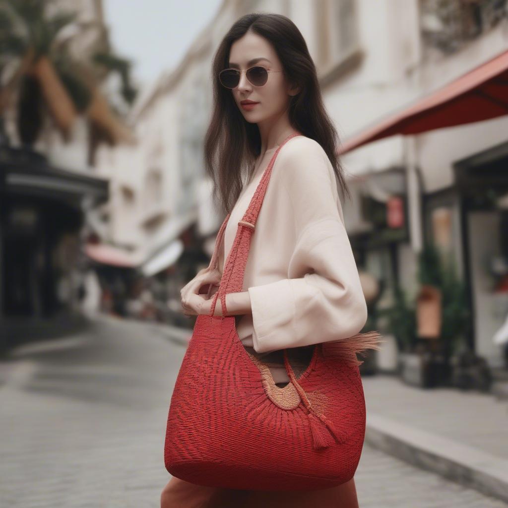 Woman carrying a red woven shoulder bag: showcasing the bag in a real-life setting.