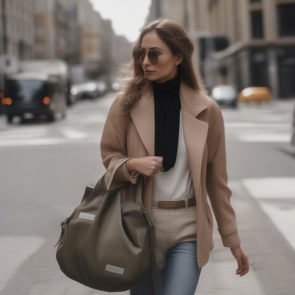 A woman stylishly carrying a rockyssime woven bag while walking down a city street.