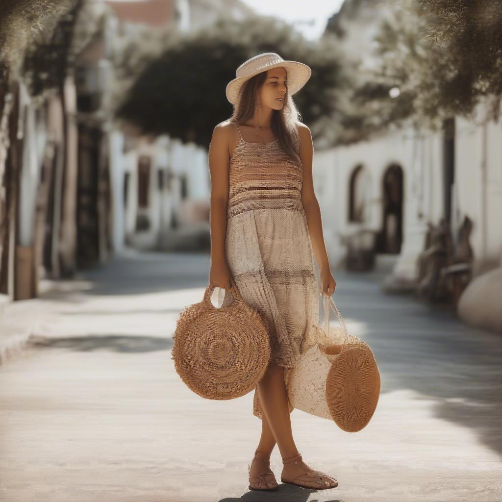 A woman carrying a round woven tote bag with a summer outfit.