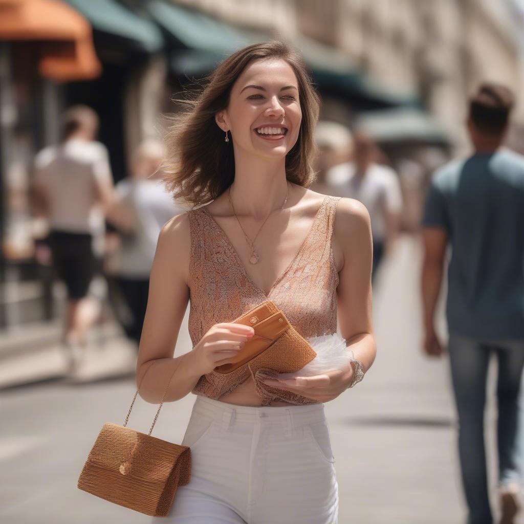 A woman stylishly carrying a small woven clutch bag.