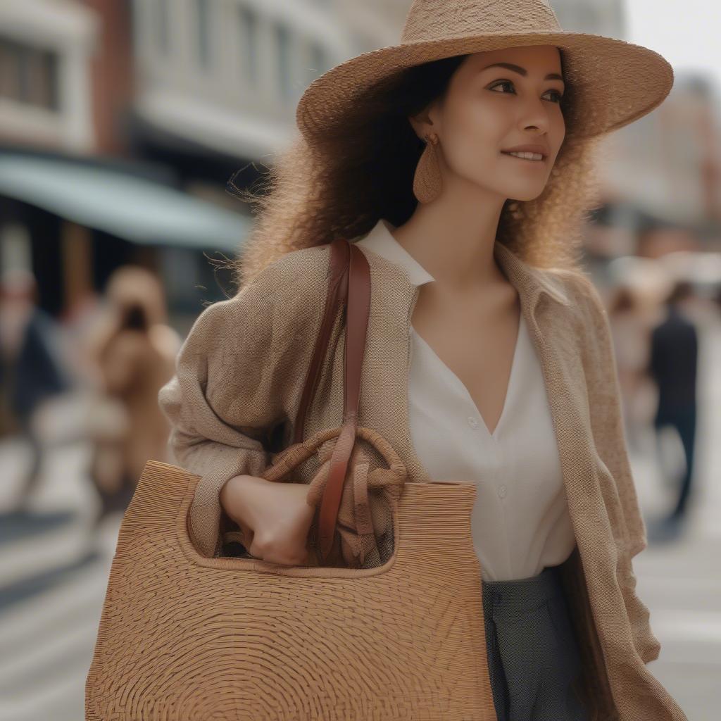 A woman carries a stylish weave purse bag, showcasing its intricate design and natural beauty.