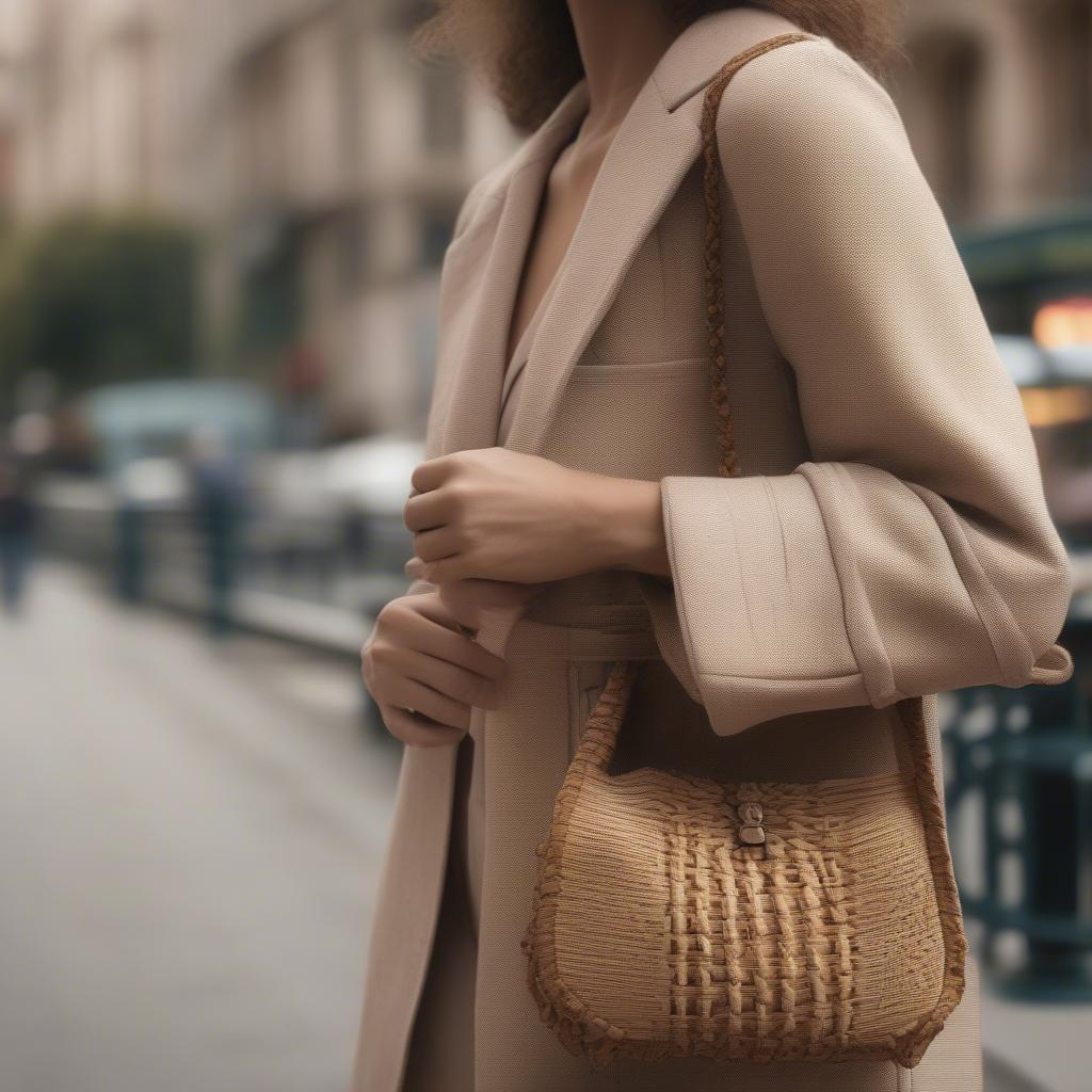 A woman carrying a stylish woven baguette bag