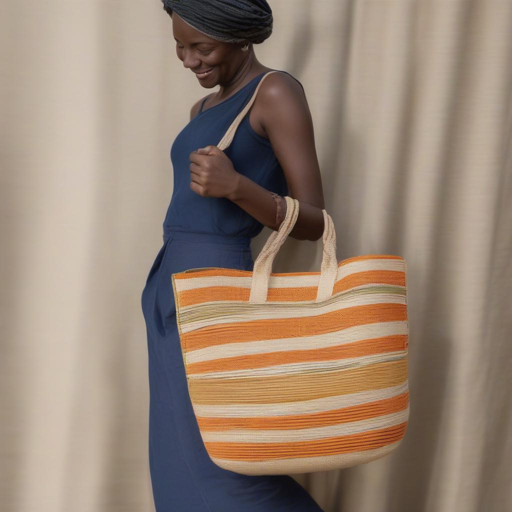 A woman carrying a Swahili African sisal tote bag, showcasing its style and practicality.