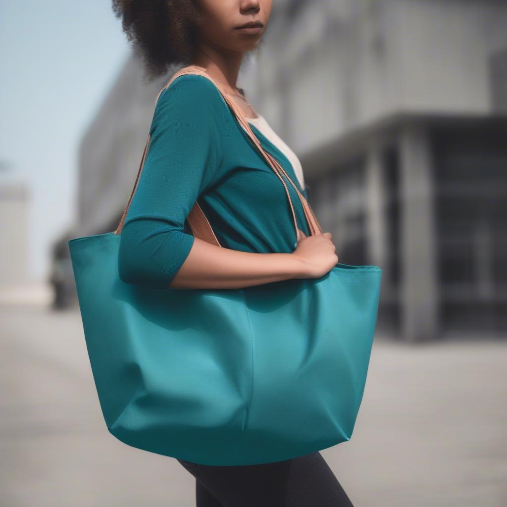 Woman Carrying Teal Non-Woven Bag