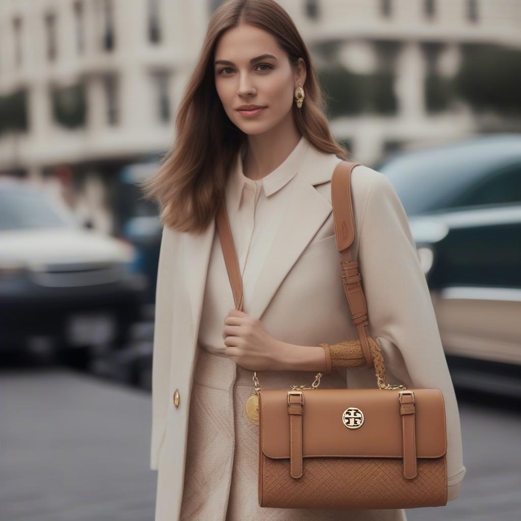 A woman stylishly carrying a Tory Burch Robinson woven bag, demonstrating its versatility and chic appeal.