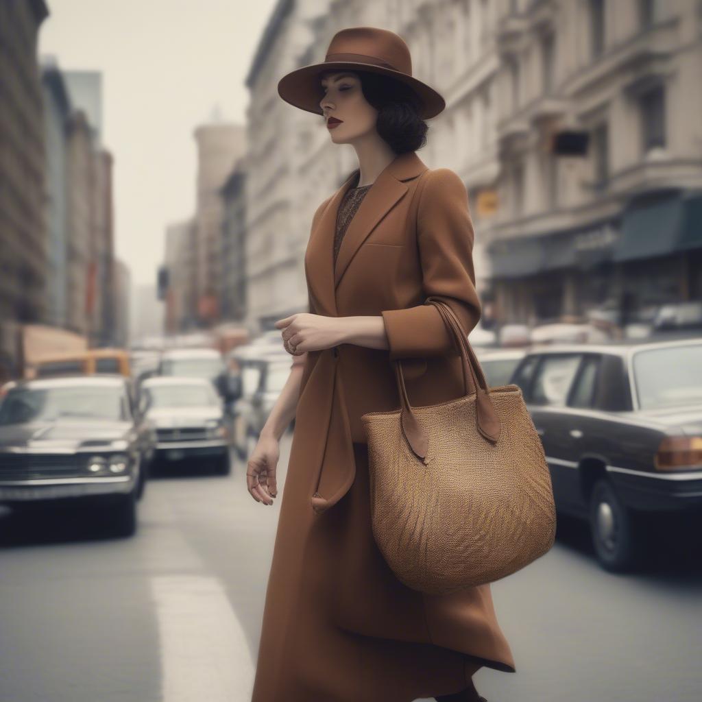 A woman carrying a vintage horse head woven bag while strolling down a city street