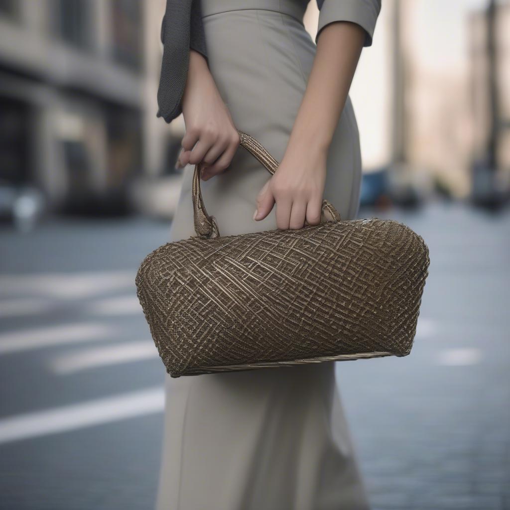 A woman stylishly carrying a vintage metal basket weave purse