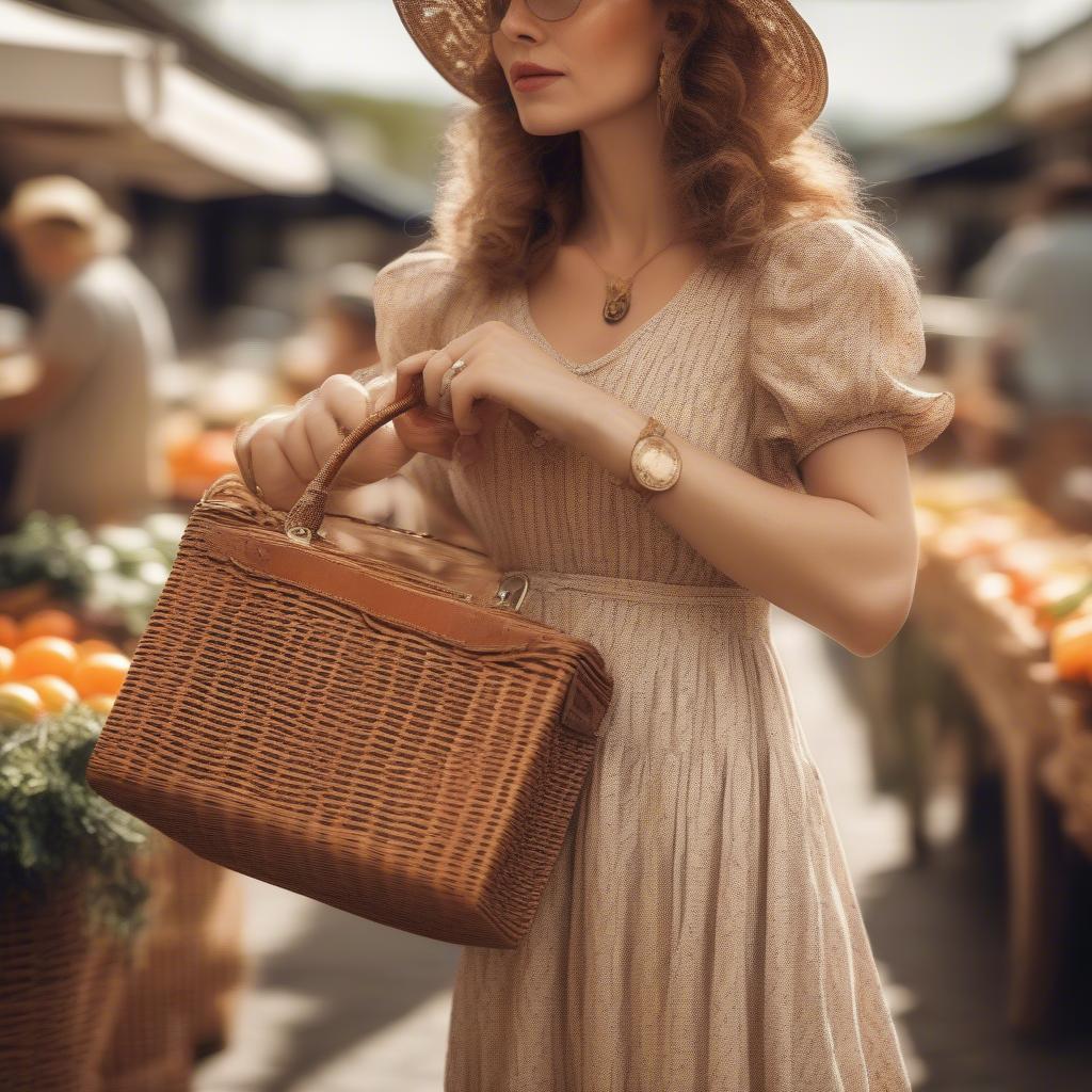 Woman Carrying a Vintage Wicker Handbag