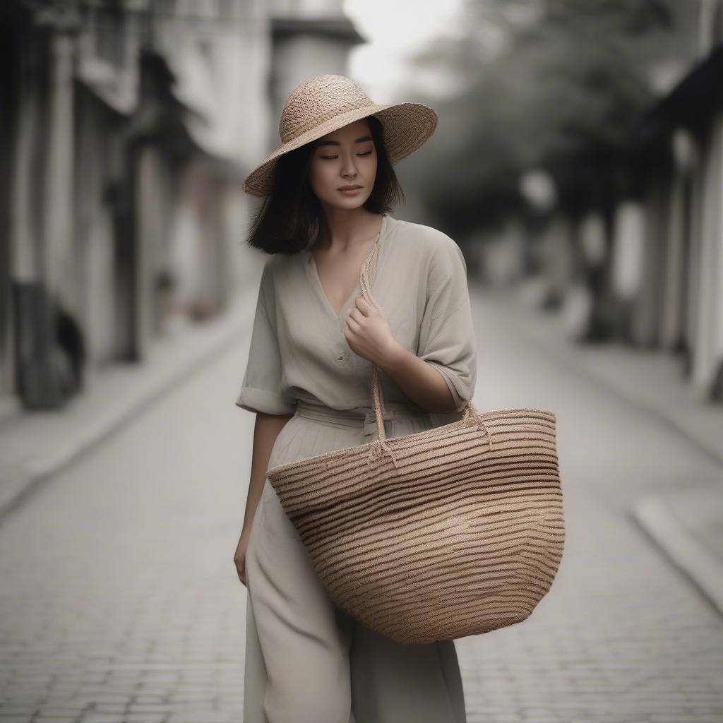 Woman Carrying a Woven Bag Basket