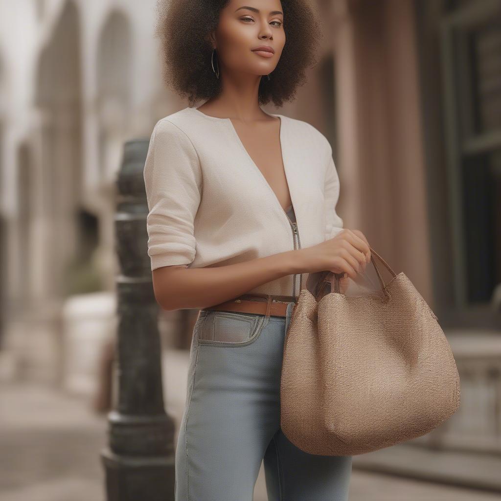 A woman stylishly carrying a woven bag with a zip closure, demonstrating how to incorporate it into a fashionable outfit.