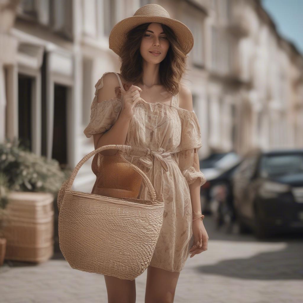 Woman Carrying a Woven Basket Shoulder Bag