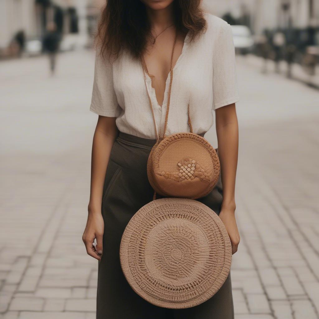 Woman Carrying Woven Circle Bag