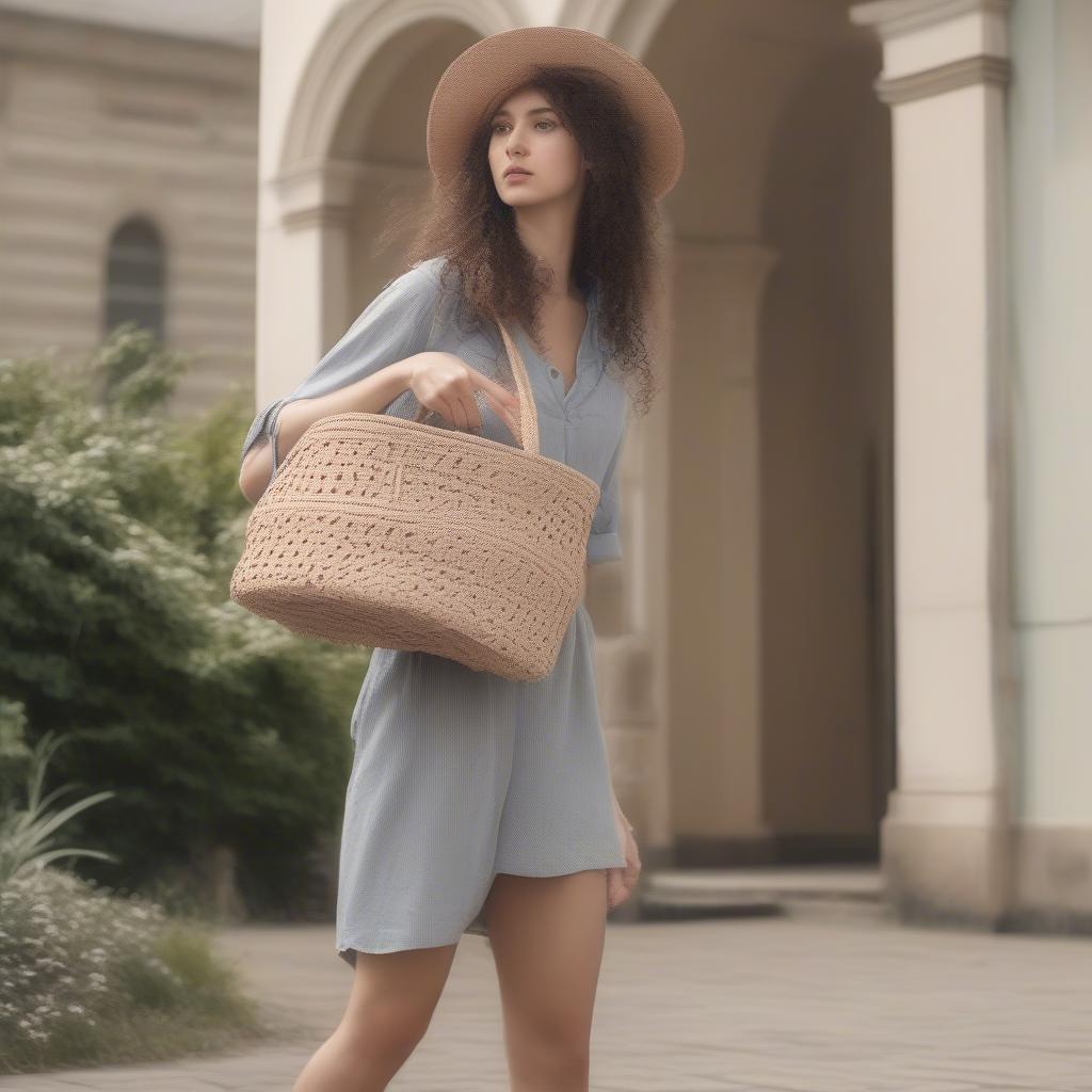 A woman stylishly carrying a woven cotton bucket bag, showcasing its versatility and how it complements her outfit.