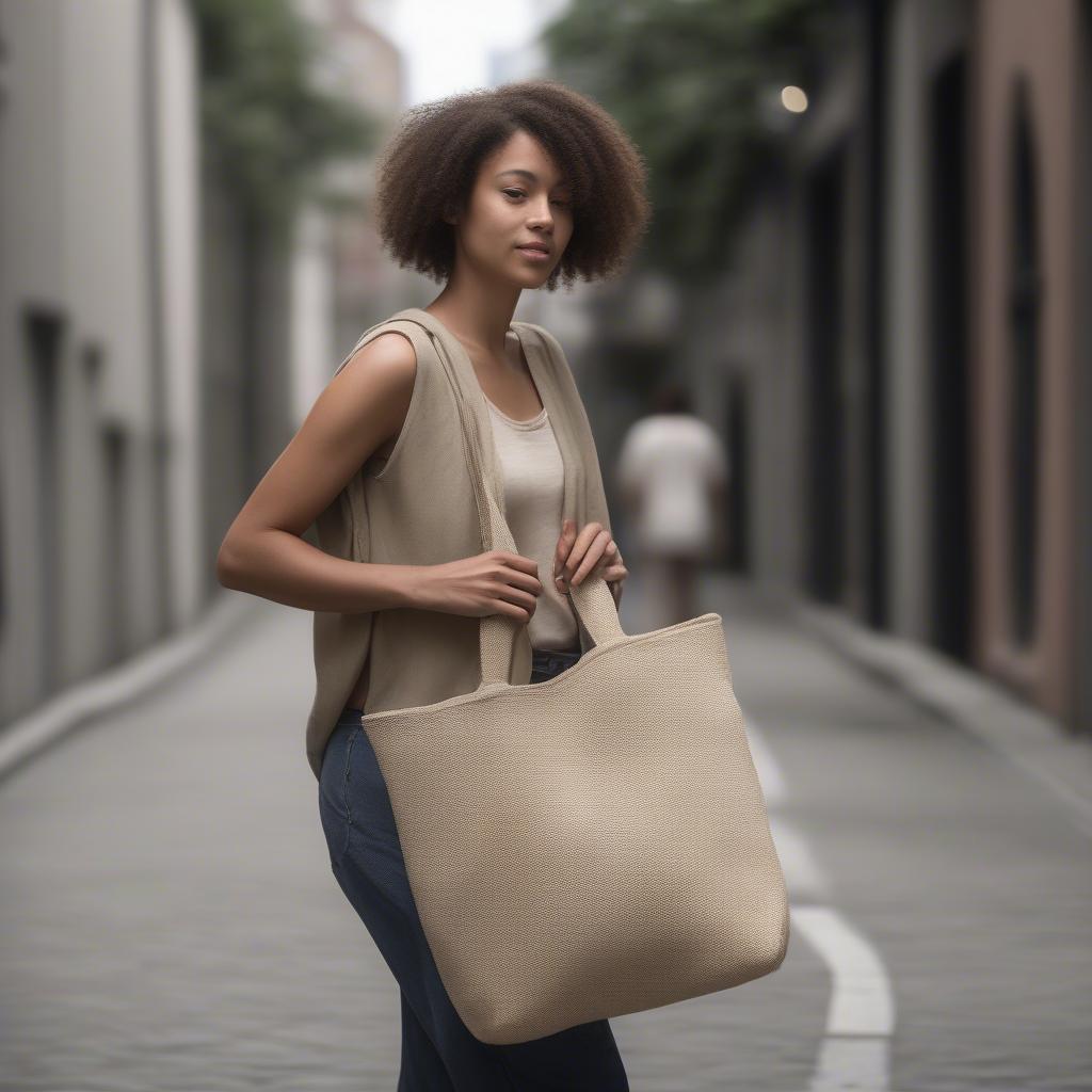 Woman Carrying a Woven Jute Tote Bag