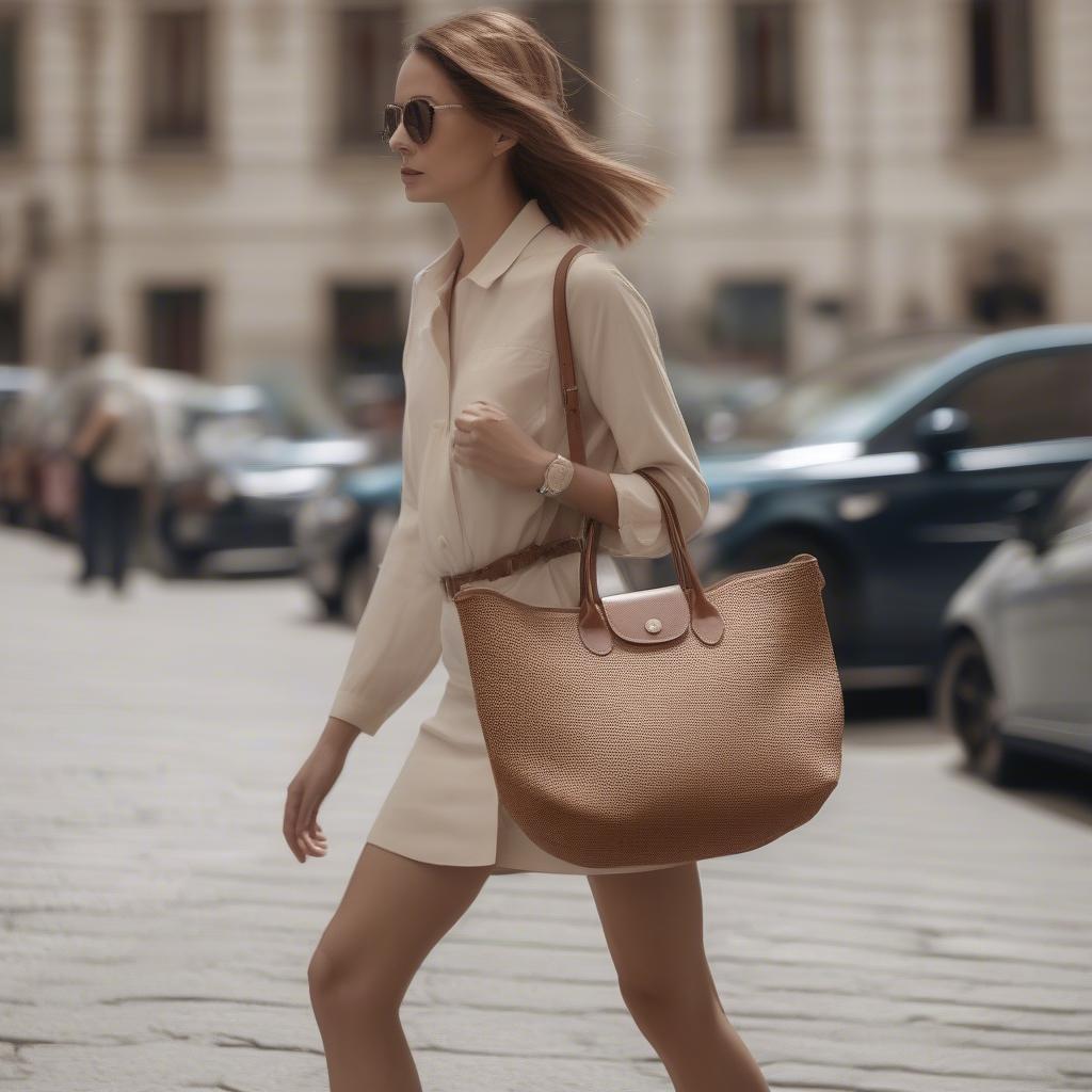 Woman Carrying Woven Longchamp Bag