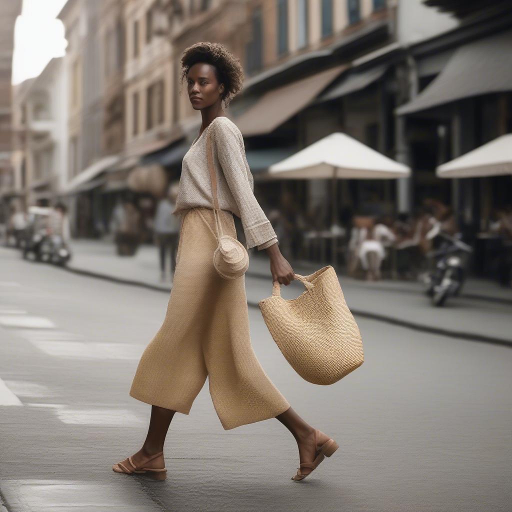 A woman carrying a woven market bag sisal while walking down a city street, demonstrating the bag's stylish and practical use in everyday life.