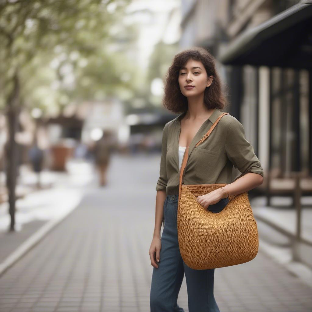 Woman Carrying a Woven Shoulder Bag in Everyday Life