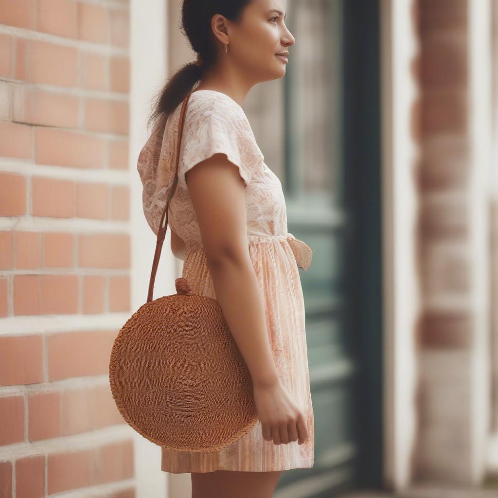 Woman Carrying a Woven Side Bag