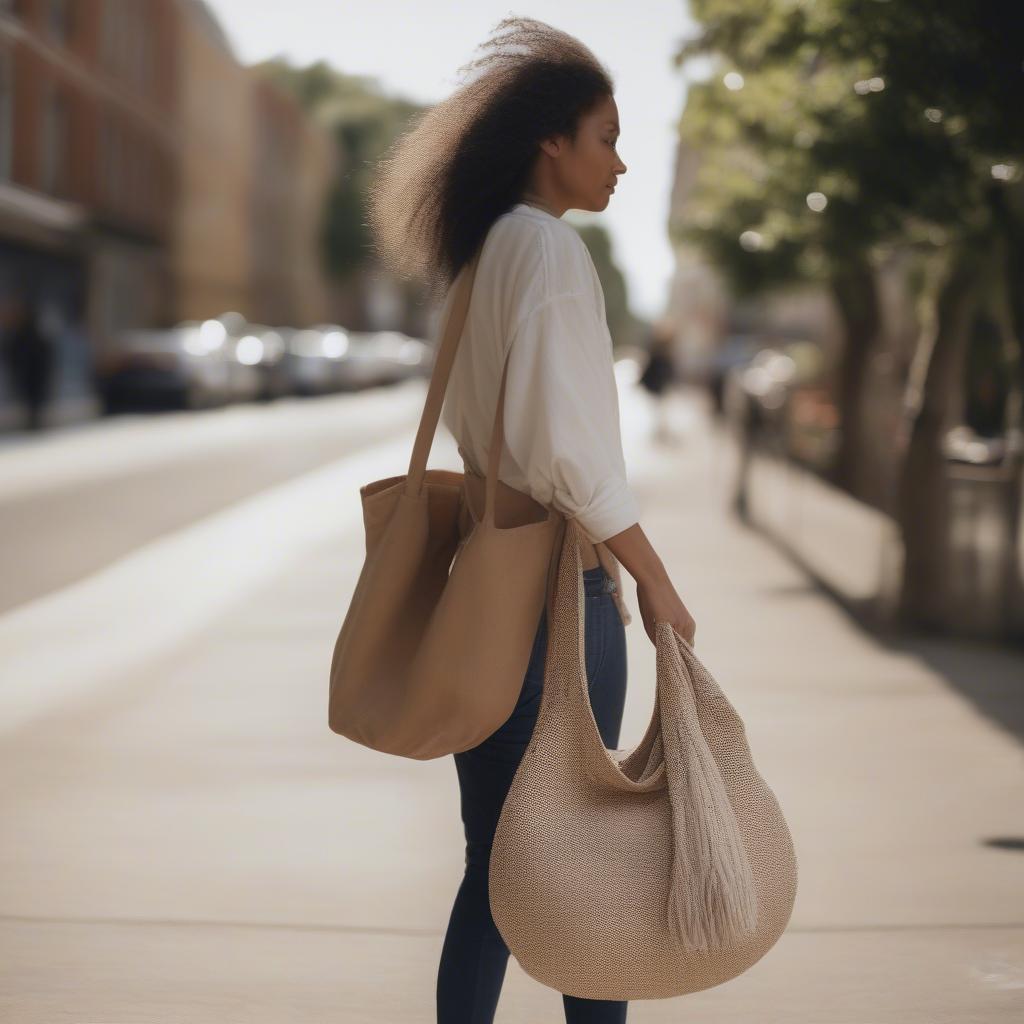 Woman Carrying a Woven Slouchy Tote Bag