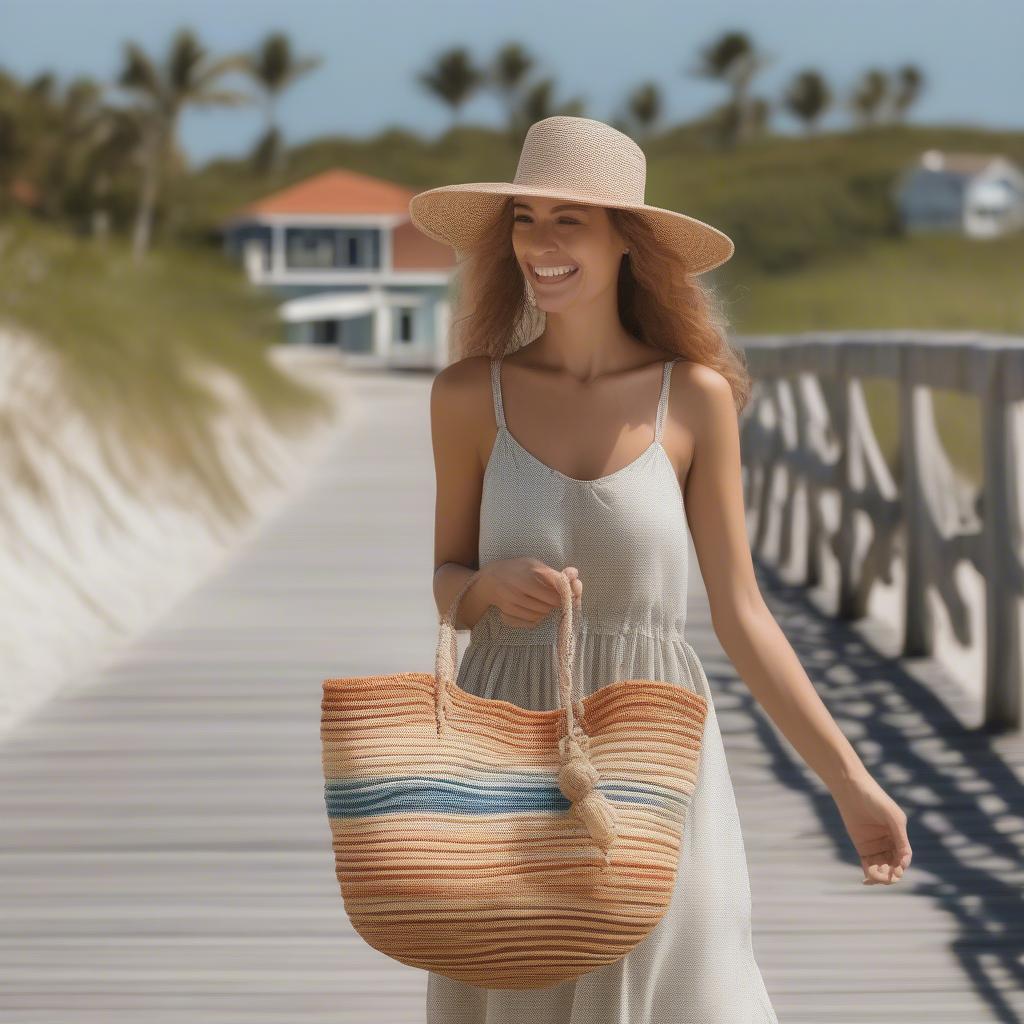 A woman carrying a woven straw beach bag while walking on a boardwalk.