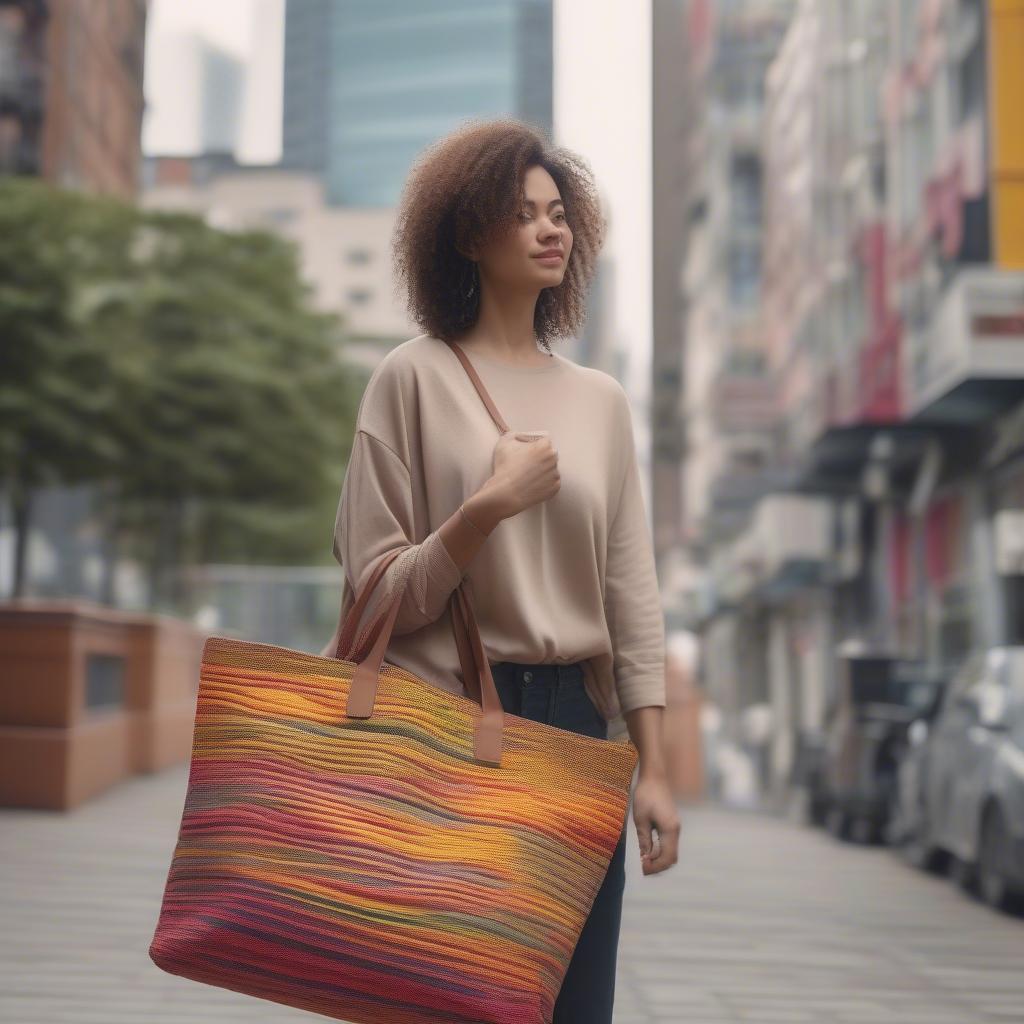 Woman carrying a woven large tote bag.