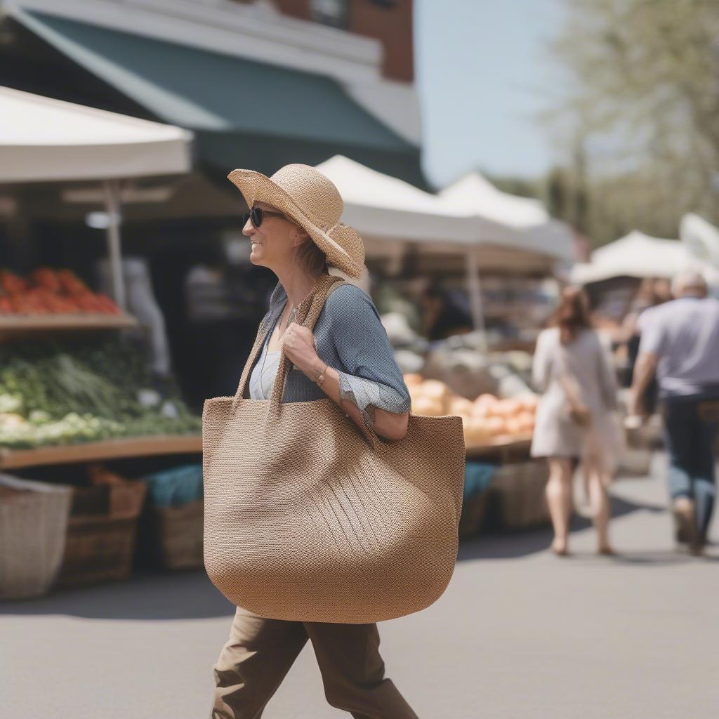 Woman Carrying a Woven Tote Bag